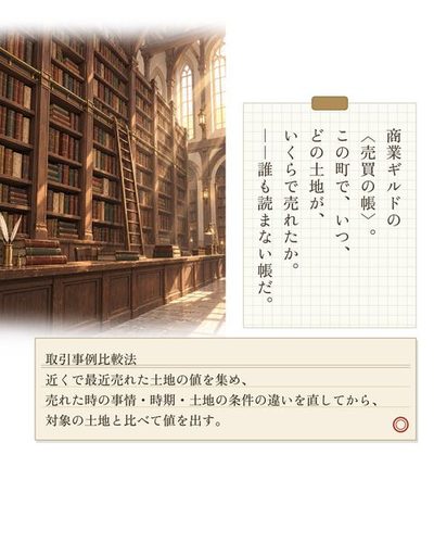 商業ギルドの帳場。天井まで届く棚に、革の表紙の帳が並ぶ。（商業ギルドの〈売買の帳〉。この町で、いつ、どの土地が、いくらで売れたか。――誰も読まない帳だ。）（取引事例比較法 / 近くで最近売れた土地の値を集め、 / 売れた時の事情・時期・土地の条件の違いを直してから、 / 対象の土地と比べて値を出す。）