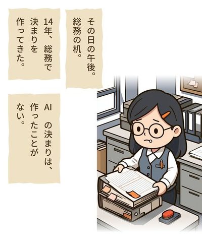 総務の机。浜野が古い分厚いファイルを机の上で開く。中は、手書きの枠の表がならぶ備品の貸し出し簿。机の上に付箋と朱肉。（その日の午後。総務の机。）（14年、総務で決まりを作ってきた。）（AI の決まりは、作ったことがない。）
