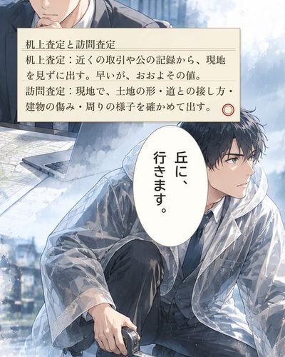 色の抜けた記憶。前世のケイが、事務所の机で地図と取引の一覧を見比べる姿と、雨の現地で巻尺を当てる姿。（机上査定と訪問査定 / 机上査定：近くの取引や公の記録から、現地を見ずに出す。早いが、おおよその値。 / 訪問査定：現地で、土地の形・道との接し方・建物の傷み・周りの様子を確かめて出す。）ケイ「丘に、行きます。」