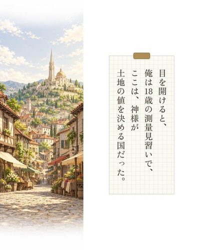 石畳の町と市場。遠くの丘の上に、大神殿の白い尖塔が立つ。（目を開けると、俺は18歳の測量見習いで、ここは、神様が土地の値を決める国だった。）