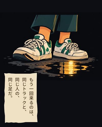 街灯の下、すり減って底のはがれかけた運動靴と、日に焼けたふくらはぎ。（もう一回来るのは、同じトラックと、同じ人の、同じ足だ。）