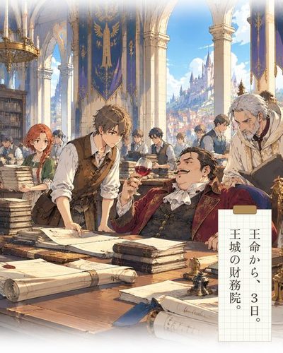王城の財務院の広間。高い窓から光が差し、長い机に書類と帳が積まれている。（王命から、3日。王城の財務院。）
