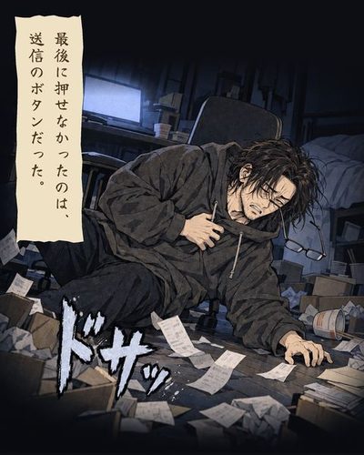 胸を押さえた男が椅子ごと床へ崩れ落ちる。「ドサッ」の描き文字。（最後に押せなかったのは、送信のボタンだった。）