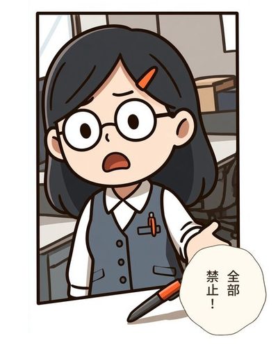 浜野の顔の寄り。目を見開き、持っていたボールペンが手から落ちる。落ちるペンが、絵の枠の下の線を越えて外へ出る。浜野 ゆかり「全部禁止！」