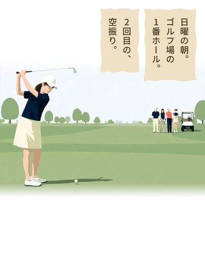 朝のゴルフ場の1番ホールのティー。左で、空振りしたばかりの女性が、クラブを振り切った形のまま固まる。ティーの上のボールは動いていない。右の奥で、次の組の4人がカートの横に立って待っている。（日曜の朝。ゴルフ場の1番ホール。）（2回目の、空振り。）