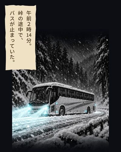吹雪の夜の山道。一台の大きなバスが、前の明かりだけを灯して止まっている。まわりは雪と暗闇だけ。（午前2時14分。峠の途中で、バスが止まっていた。）