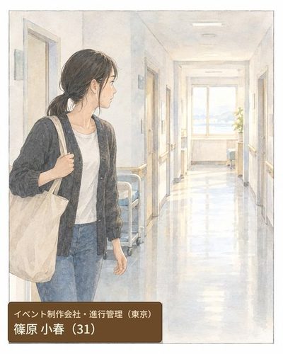 夜明けの病院の廊下。大きな鞄を肩にかけ、息を切らして立つ女性。（イベント制作会社・進行管理（東京）・篠原 小春（31））