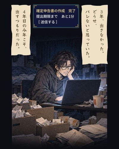 真夜中のワンルーム。床に領収書があふれた靴箱。ノートパソコンの光の前で、やつれた男が画面を見つめている。（3年、出さなかった。どうせ、バレないと思っていた。）（確定申告書の作成　完了 / 提出期限まで　あと1分 / ［ 送信する ］）（4年目の今年こそ、出すつもりだった。）