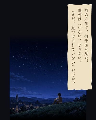 夜、村はずれの丘に一人で座るミナト。（前の人生で、何千回も見た。圏外は〈いない〉じゃない。〈まだ、見つけられていない〉だけだ。）