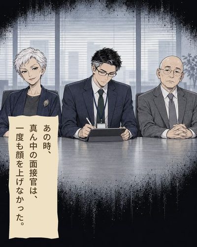 回想。最終面接の部屋。机の向こうに面接官が三人。真ん中の眼鏡の男は、手元の板に何かを書き、顔を上げない。（あの時、真ん中の面接官は、一度も顔を上げなかった。）