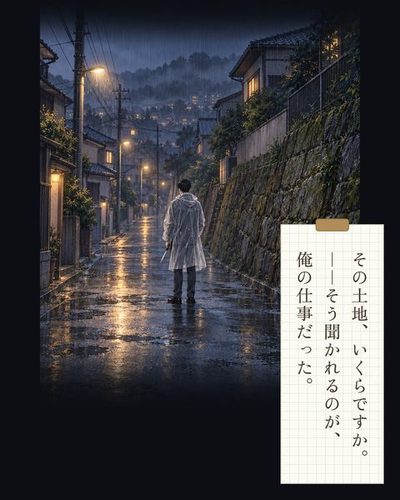 雨の夕方、日本の住宅地の細い坂道。古い石垣の前で、雨合羽の男が巻尺を手に立っている。（その土地、いくらですか。――そう聞かれるのが、俺の仕事だった。）