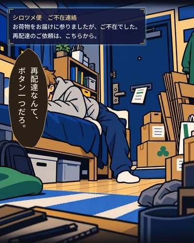 夜の一人暮らしの部屋。ベッドに寝転がってスマホを見る青年。部屋の隅に、たたんだ段ボールの山。（シロツメ便　ご不在連絡 / お荷物をお届けに参りましたが、ご不在でした。 / 再配達のご依頼は、こちらから。）戸倉 航「再配達なんて、ボタン一つだろ。」