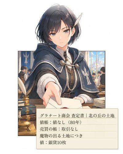 紋章の外套の若い女の書記官が、机越しに一通の書状を差し出す。（グラナート商会 査定書｜北の丘の土地 / 値帳：値なし（80年） / 売買の帳：取引なし / 魔物の出る土地につき / 値：銀貨10枚）