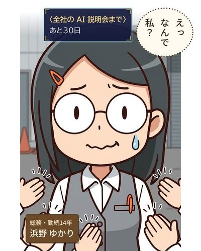 浜野の寄り。まわりで拍手する手の中、口元だけ笑おうとして固まっている。（総務・勤続14年・浜野 ゆかり）浜野 ゆかり「えっなんで私？」（〈全社の AI 説明会まで〉 / あと30日）