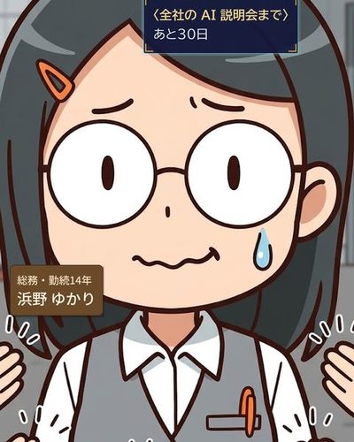 浜野の寄り。まわりで拍手する手の中、口元だけ笑おうとして固まっている。（総務・勤続14年・浜野 ゆかり）（〈全社の AI 説明会まで〉 / あと30日）