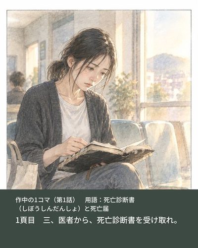 病院の待合の椅子で、膝の上の手帳を開く小春。窓からの朝の光。（1頁目　三、医者から、死亡診断書を受け取れ。）