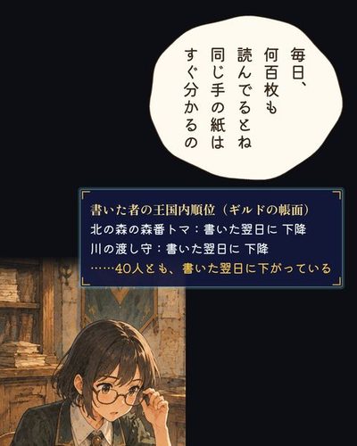 推薦状を広げた机で、眼鏡を押し上げるセラの寄り。セラ「毎日、何百枚も読んでるとね同じ手の紙はすぐ分かるの」（書いた者の王国内順位（ギルドの帳面） / 北の森の森番トマ：書いた翌日に 下降 / 川の渡し守：書いた翌日に 下降 / ……40人とも、書いた翌日に下がっている）