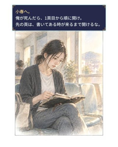病院の待合の椅子で、膝の上の手帳を開く小春。窓からの朝の光。（小春へ。 / 俺が死んだら、1頁目から順に開け。 / 先の頁は、書いてある時が来るまで開けるな。）