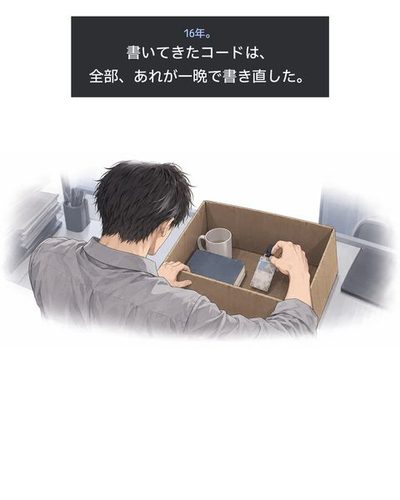 段ボール箱に、使い込んだ古い社員証をしまう男の手。(16年。書いてきたコードは、全部、あれが一晩で書き直した。)