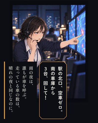 ヘッドセットを付けた女性が、画面の地図を指さして指示を出している。千景「駅の北口、空車ゼロ。南の車庫から3台、回して！」（雨の夜は、誰もが車を呼ぶ。走っている車の数は、晴れの夜と同じなのに。）