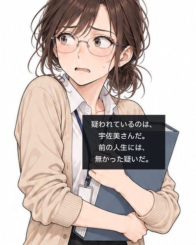 報告書の綴りを胸に抱え、青ざめる宇佐美。（疑われているのは、宇佐美さんだ。前の人生には、無かった疑いだ。）