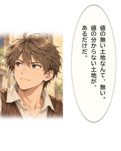 宿の建物を見上げ、目を細めるケイの顔のアップ。ケイ「値の無い土地なんて、無い。値の分からない土地が、あるだけだ。」