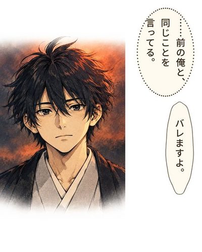 伊織の顔のアップ。夕方の光の中で、静かにまっすぐ前を見る。伊織「……前の俺と、同じことを言ってる。」伊織「バレますよ。」