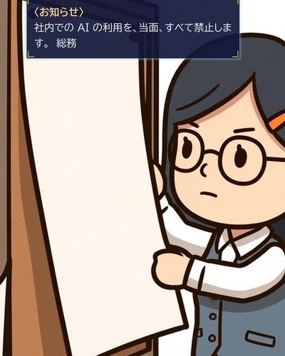 総務の掲示板。浜野が大きな紙を両手で押さえ、画鋲で留める。紙の左下の端がめくれて、絵の枠の左の線を越えて外へ出る。（〈お知らせ〉 / 社内での AI の利用を、当面、すべて禁止します。　総務）