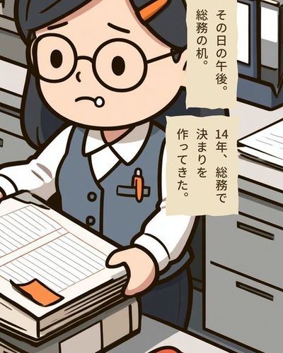 総務の机。浜野が古い分厚いファイルを机の上で開く。中は、手書きの枠の表がならぶ備品の貸し出し簿。机の上に付箋と朱肉。（その日の午後。総務の机。）（14年、総務で決まりを作ってきた。）