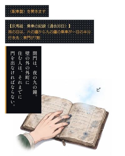 濡れた帳面に置いた手。その先の何もない空中が、かすかに光る。「ピ」の描き文字。（〈配車盤〉を開きます）（【灰馬組　乗車の記録（過去30日）】 / 雨の日は、六の鐘から九の鐘の乗車が一日の半分 / 行き先：東門が7割）（閉門は、夜の九の鐘。壁の外の外町に住む人は、それまでに門を出なければならない。）