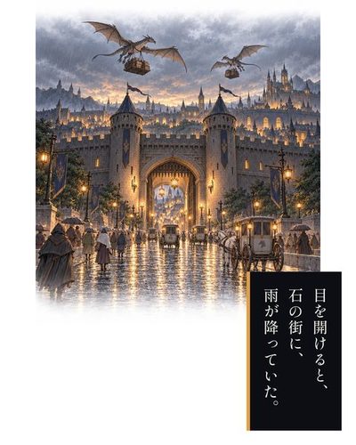 雨の夕暮れの王都。城壁と大きな門、石畳を行き交う辻馬車、空を飛ぶ飛竜。（目を開けると、石の街に、雨が降っていた。）