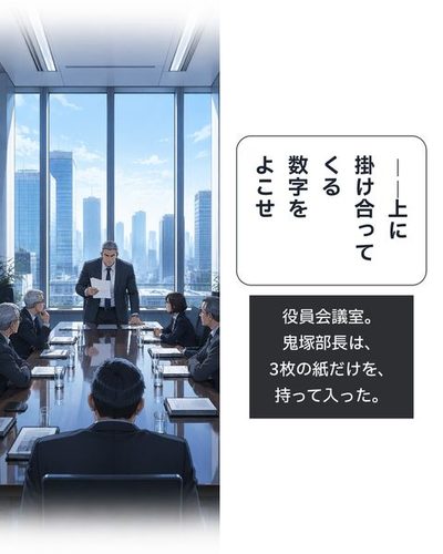 役員会議室。長い机に役員たちが並び、端に3枚の紙を持った鬼塚部長が立つ。鬼塚「――上に掛け合ってくる数字をよこせ」（役員会議室。鬼塚部長は、3枚の紙だけを、持って入った。）