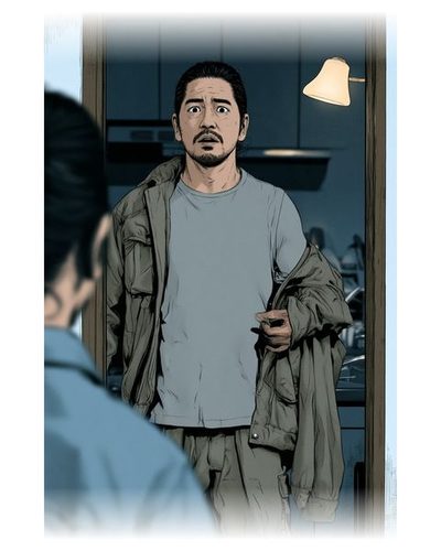 台所の入口で、脱ぎかけた上着の袖に片腕を残したまま、目を見開いて立ち止まる背の高いひげの男性。手前の女性の肩と髪がぼけて入る。
