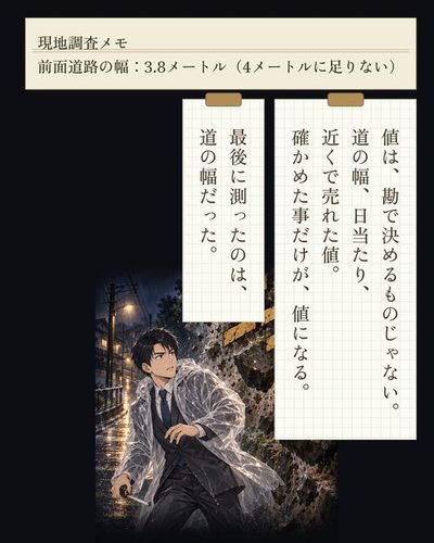 古い石垣が崩れ、振り返る男に石が降りかかる。「ゴゴッ」の描き文字。（現地調査メモ / 前面道路の幅：3.8メートル（4メートルに足りない））（値は、勘で決めるものじゃない。道の幅、日当たり、近くで売れた値。確かめた事だけが、値になる。）（最後に測ったのは、道の幅だった。）