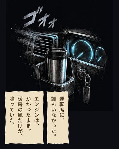 運転席の手もと。差したままの鍵と、湯気の消えた水筒のカップ。「ゴォォ」と暖房の描き文字。（運転席に、誰もいなかった。）（エンジンは、かかったまま。暖房の風だけが、鳴っていた。）