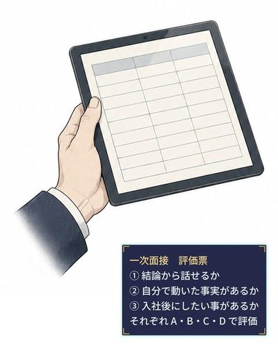 男の大きな手が、板の端末を持っている。画面には表のような枠が並ぶ（文字は読めない）。（一次面接　評価票 / ① 結論から話せるか / ② 自分で動いた事実があるか / ③ 入社後にしたい事があるか / それぞれ A・B・C・D で評価）