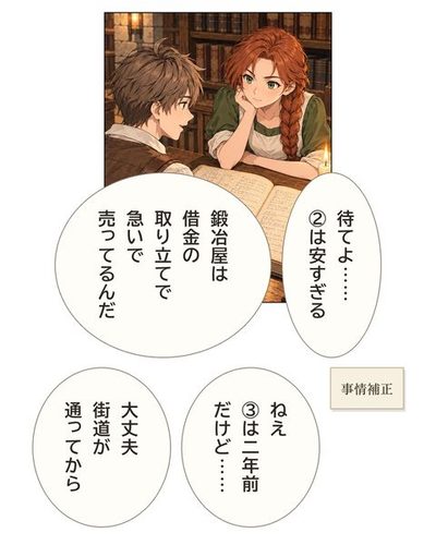 ケイが帳の一行を指で押さえ、隣のリタに説明している。ケイ「待てよ……②は安すぎる」ケイ「鍛冶屋は借金の取り立てで急いで売ってるんだ」（事情補正）リタ「ねえ③は2年前だけど……」ケイ「大丈夫街道が通ってから」