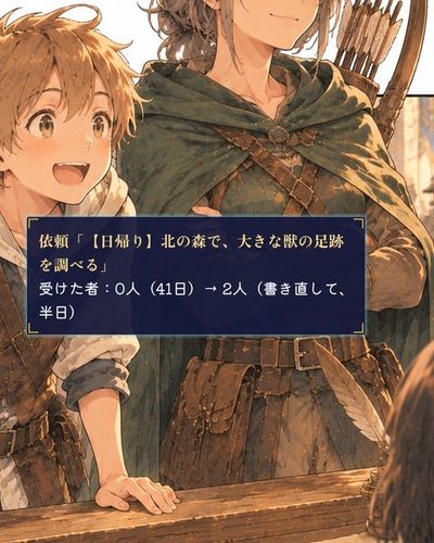 受付の前に、弓を背負った新人の少年と、外套をまとった年かさの女の斥候が並んで立つ。（新人の弓使い・ピオ）（元狩人の斥候・ダナ）（依頼「【日帰り】北の森で、大きな獣の足跡を調べる」 / 受けた者：0人（41日）→ 2人（書き直して、半日））