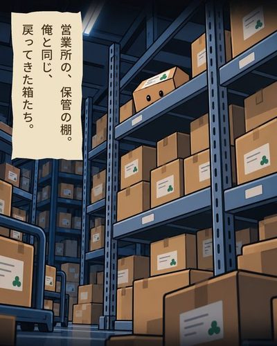 夜の営業所の倉庫。蛍光灯の下の高い保管の棚に、戻ってきた荷物が並ぶ。上の段に小さく、あの箱。（営業所の、保管の棚。俺と同じ、戻ってきた箱たち。）