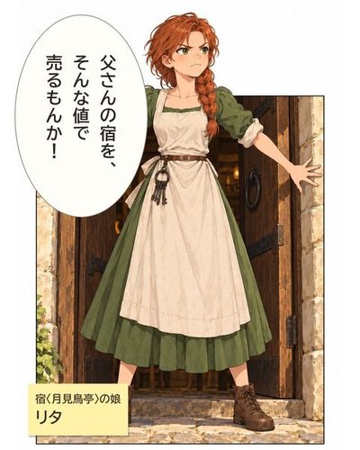 男たちの前に、両手を広げて立ちはだかる宿の娘。（宿〈月見鳥亭〉の娘・リタ）リタ「父さんの宿を、そんな値で売るもんか！」