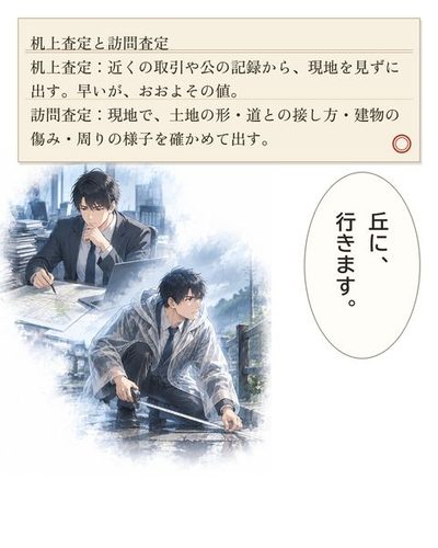 色の抜けた記憶。前世のケイが、事務所の机で地図と取引の一覧を見比べる姿と、雨の現地で巻尺を当てる姿。（机上査定と訪問査定 / 机上査定：近くの取引や公の記録から、現地を見ずに出す。早いが、おおよその値。 / 訪問査定：現地で、土地の形・道との接し方・建物の傷み・周りの様子を確かめて出す。）ケイ「丘に、行きます。」