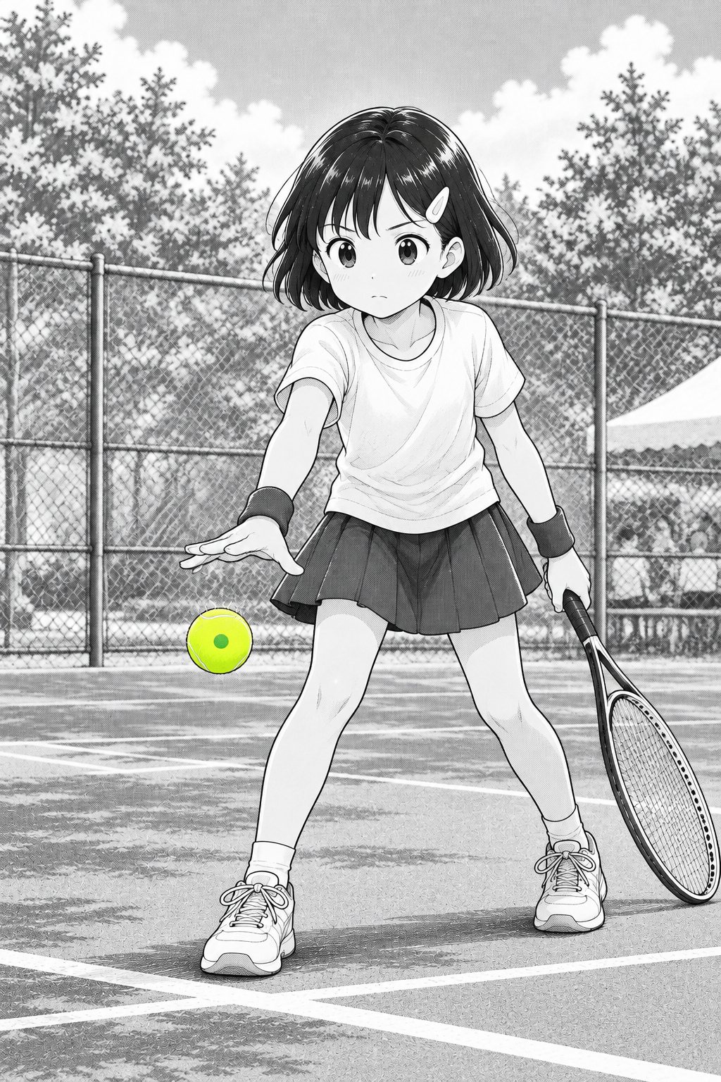 コートの中の女の子。手のひらを下に向けて片手を低く出し、まっすぐ前を見る。