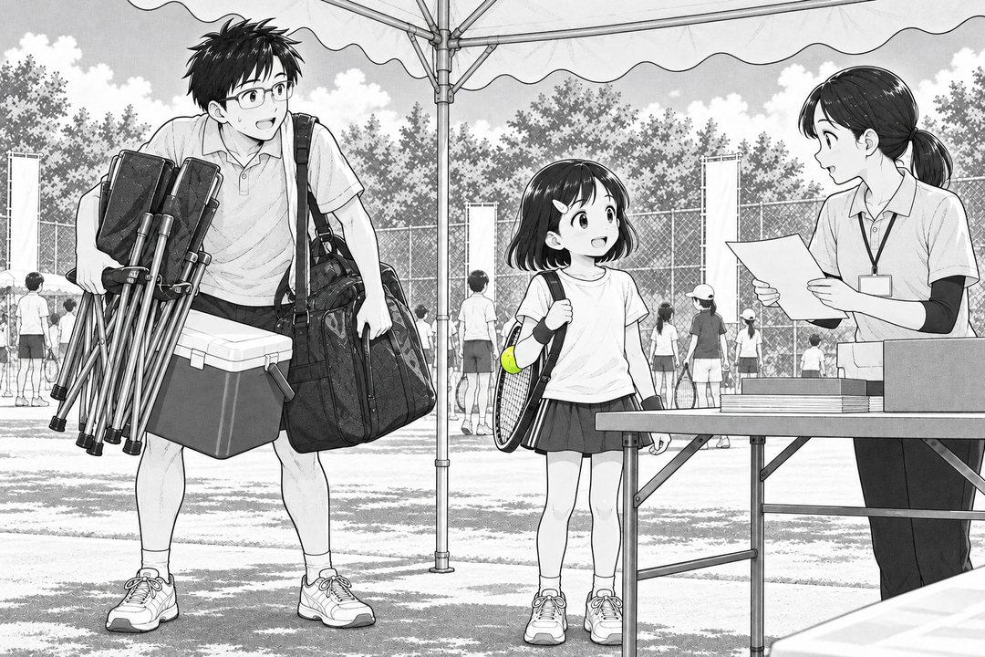 コートの横の白いテント。右で、名札を付けた受付の人が紙を手にしている。左で、折りたたみの椅子2つと保冷箱と大きな鞄を抱えた父親が、汗をかいて立つ。間に、ラケットを背負った女の子。