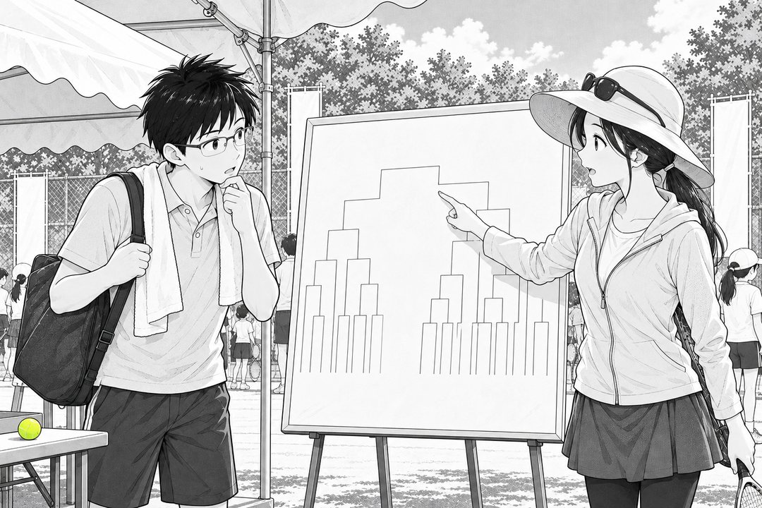 ドロー表の貼られた板の前（表の字は読めない）。左で、肩にタオルを掛け、あごに手を当てて戸惑う父親。右で、日よけの帽子をかぶった別の子の母親が、表の線を指でたどる。