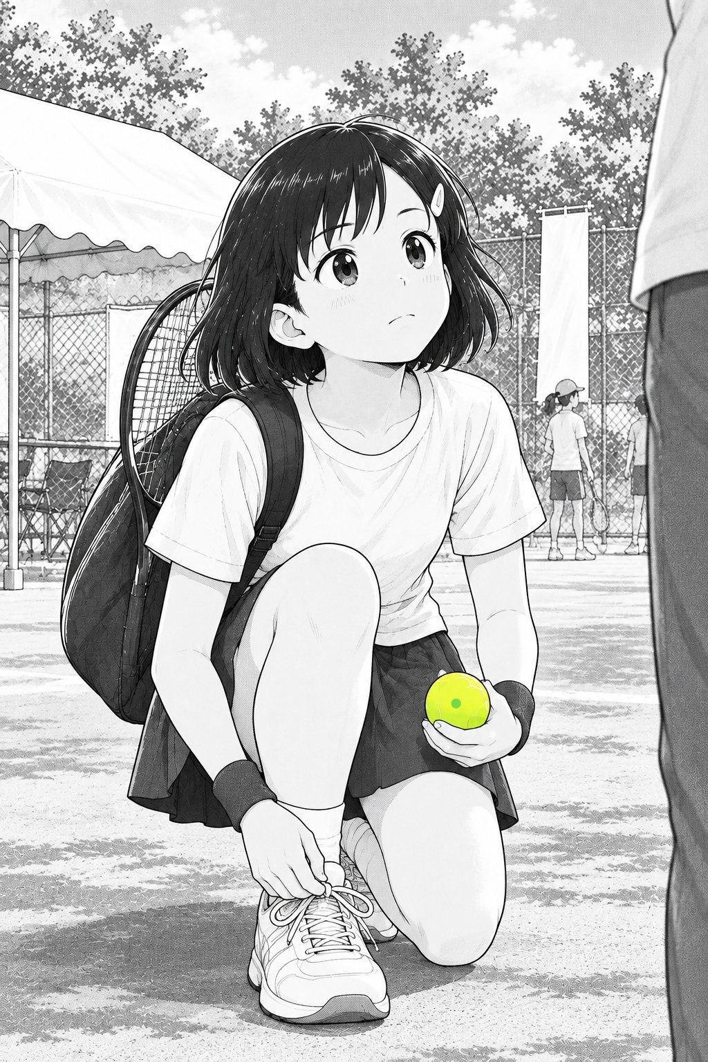靴ひもを結び終えて、父親を見上げる女の子。緑の点のある黄色いボールを1つ握っている。