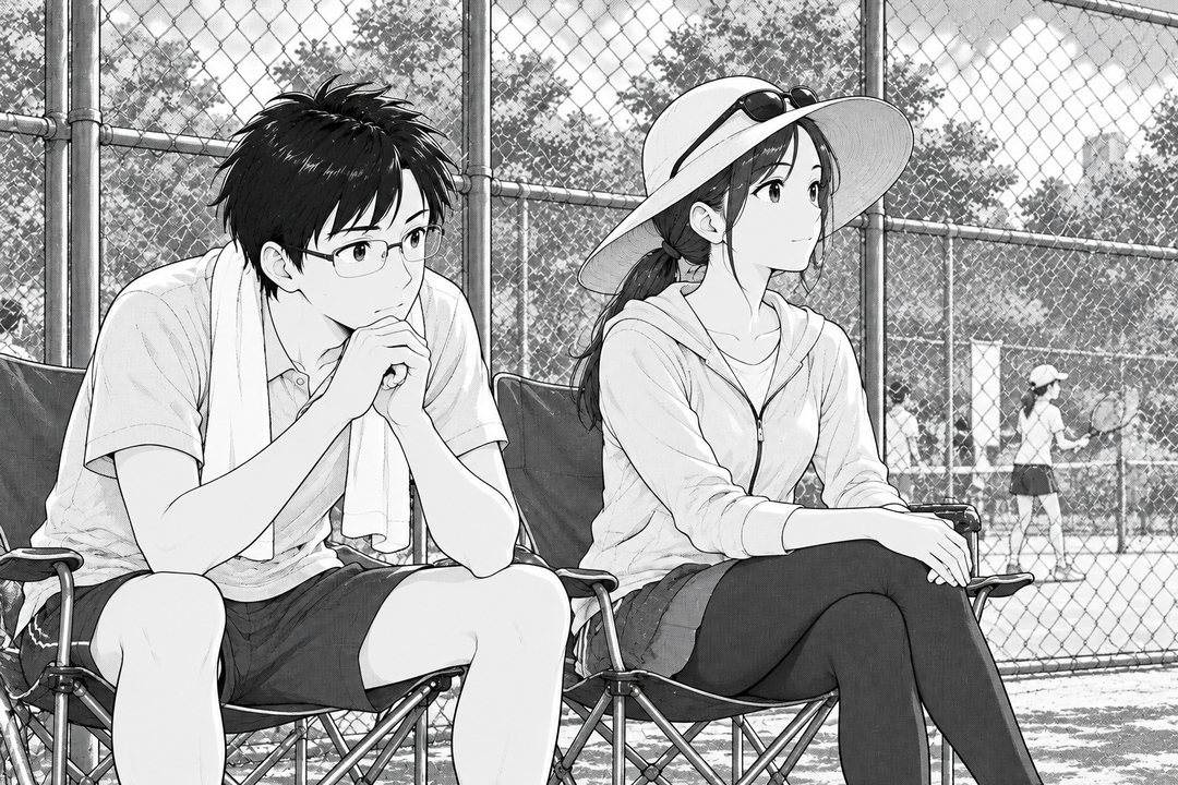 金網の外の、折りたたみの椅子の並ぶ所。左の椅子に座った父親が、組んだ手にあごをのせて身を乗り出し、右の自分の椅子に座った母親が、落ち着いてコートを見ている。