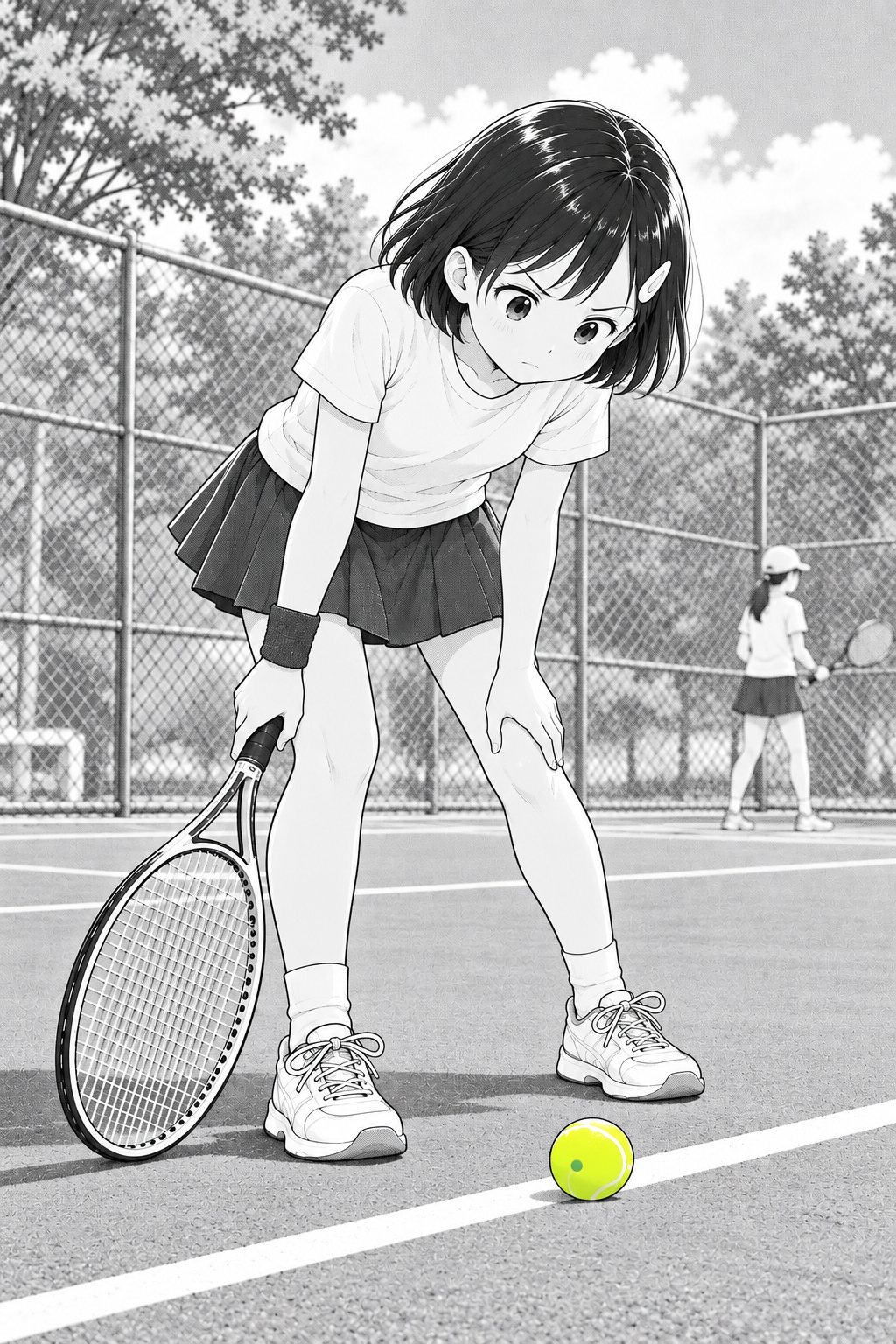 コートの中。線のきわに落ちたボールを、身をかがめてじっと見る女の子。