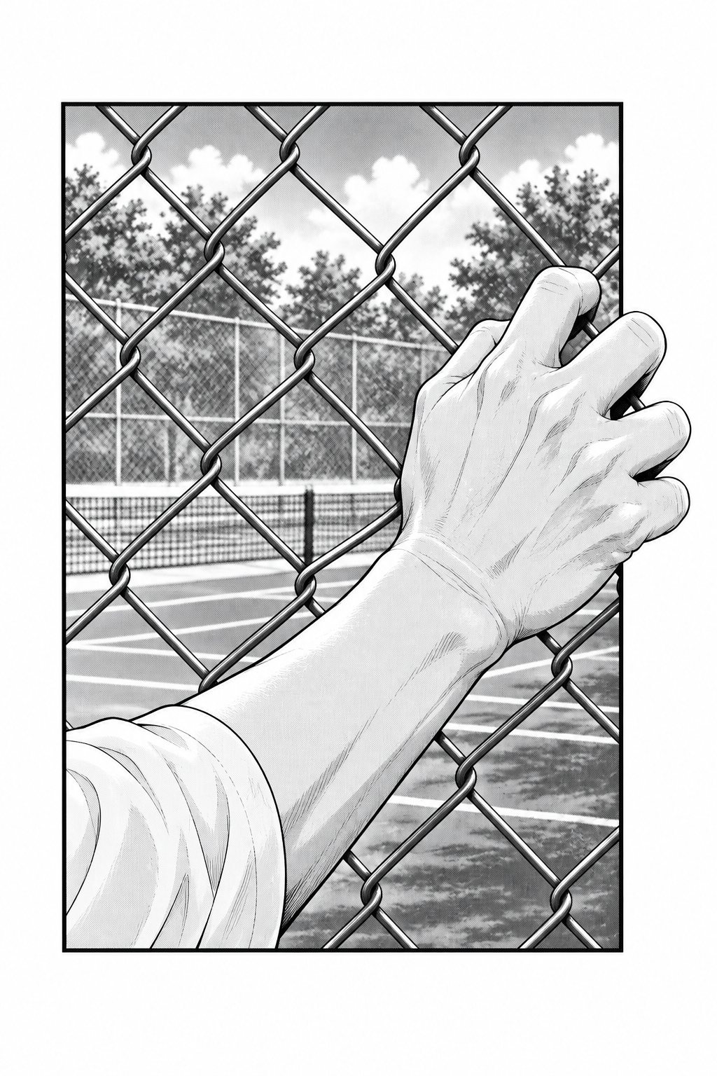 金網をつかむ父親の手の寄り。指に力が入り、金網が少しゆがむ。手の指先が、絵の枠の右の線を越えて外へ出る。