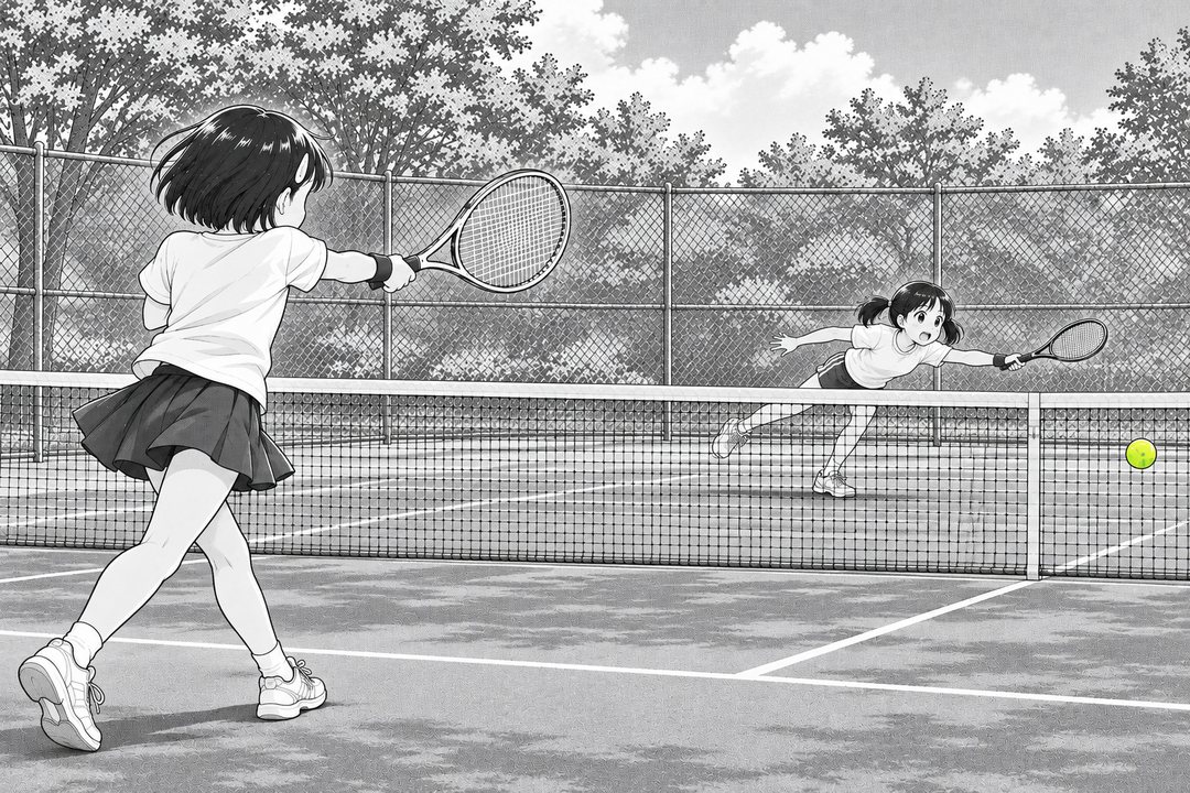 左の手前で、後ろ姿の女の子がフォアハンドで打ち返す。球は相手のコートの右へ抜け、右奥の相手の子は横へ跳んで手を伸ばすが届かない。