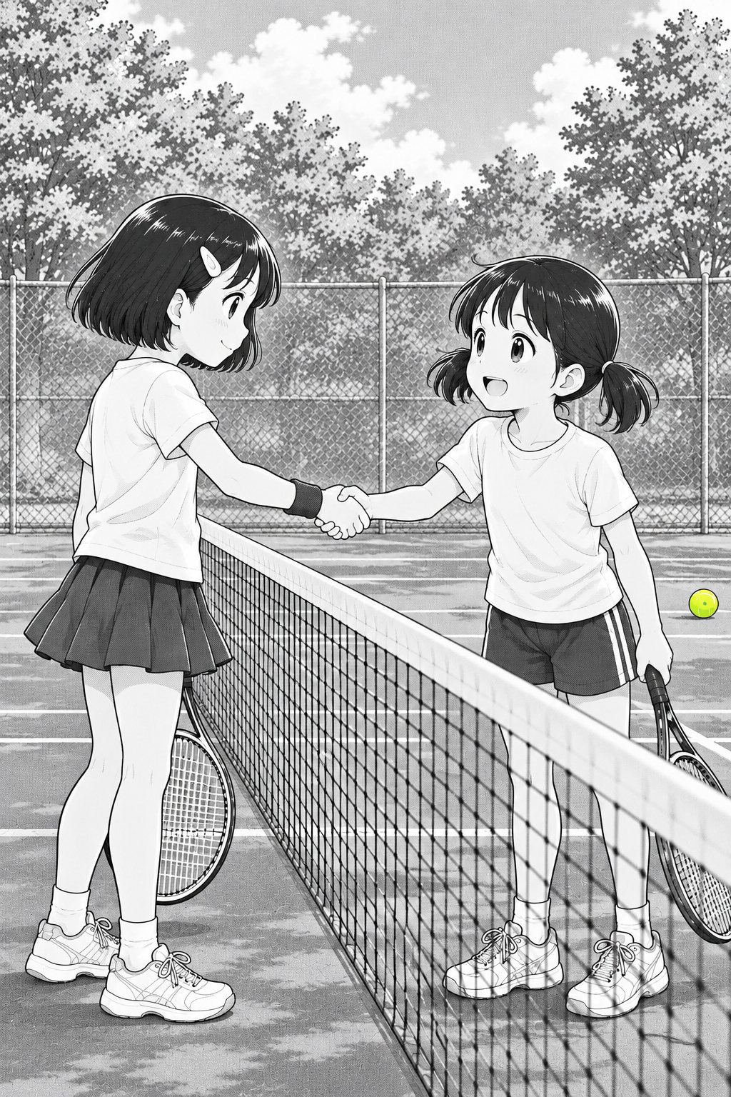 ネットをはさんで握手する2人の女の子。